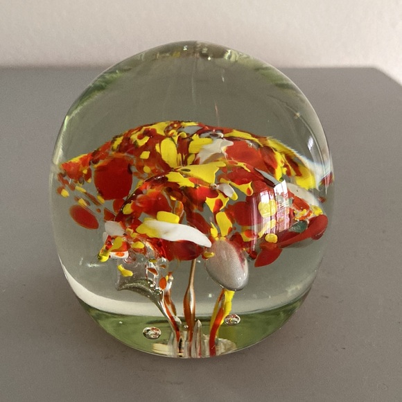 Large Vintage Glass Paperweight Hand Blown Floral Heavyweight 3 inch ball orange - Picture 6 of 9